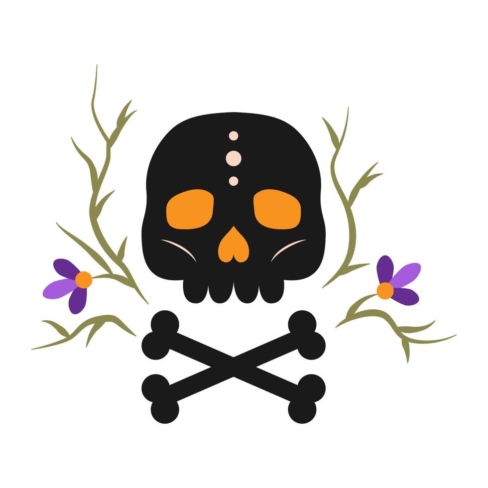 Skull with bones and flowers for Halloween design. vector illustration