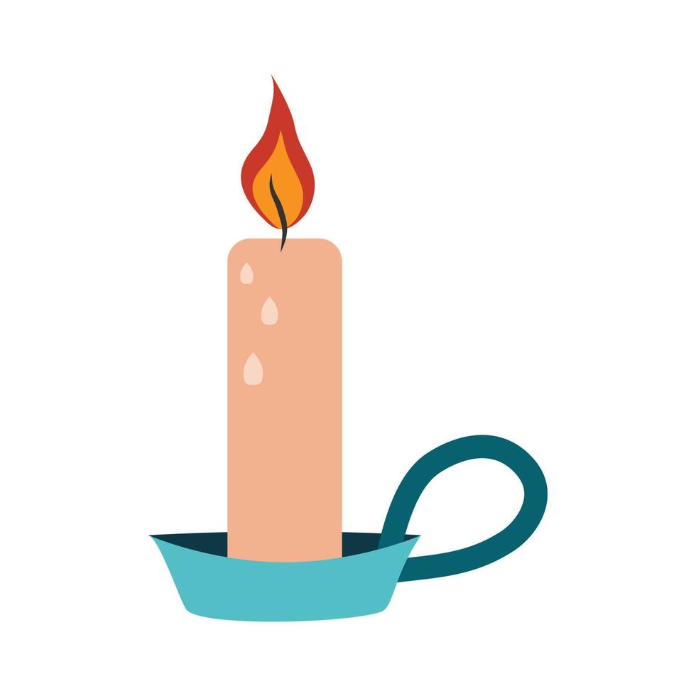 Burning candle in a flat candlestick with handle. vector illustration
