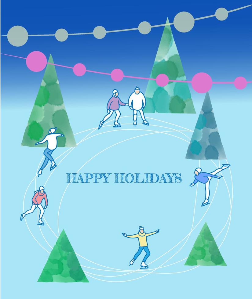 letras de felices fiestas con scate y árboles dibujados a mano. tarjeta congelada azul o pancarta. Ilustración vectorial sobre fondo blanco vector