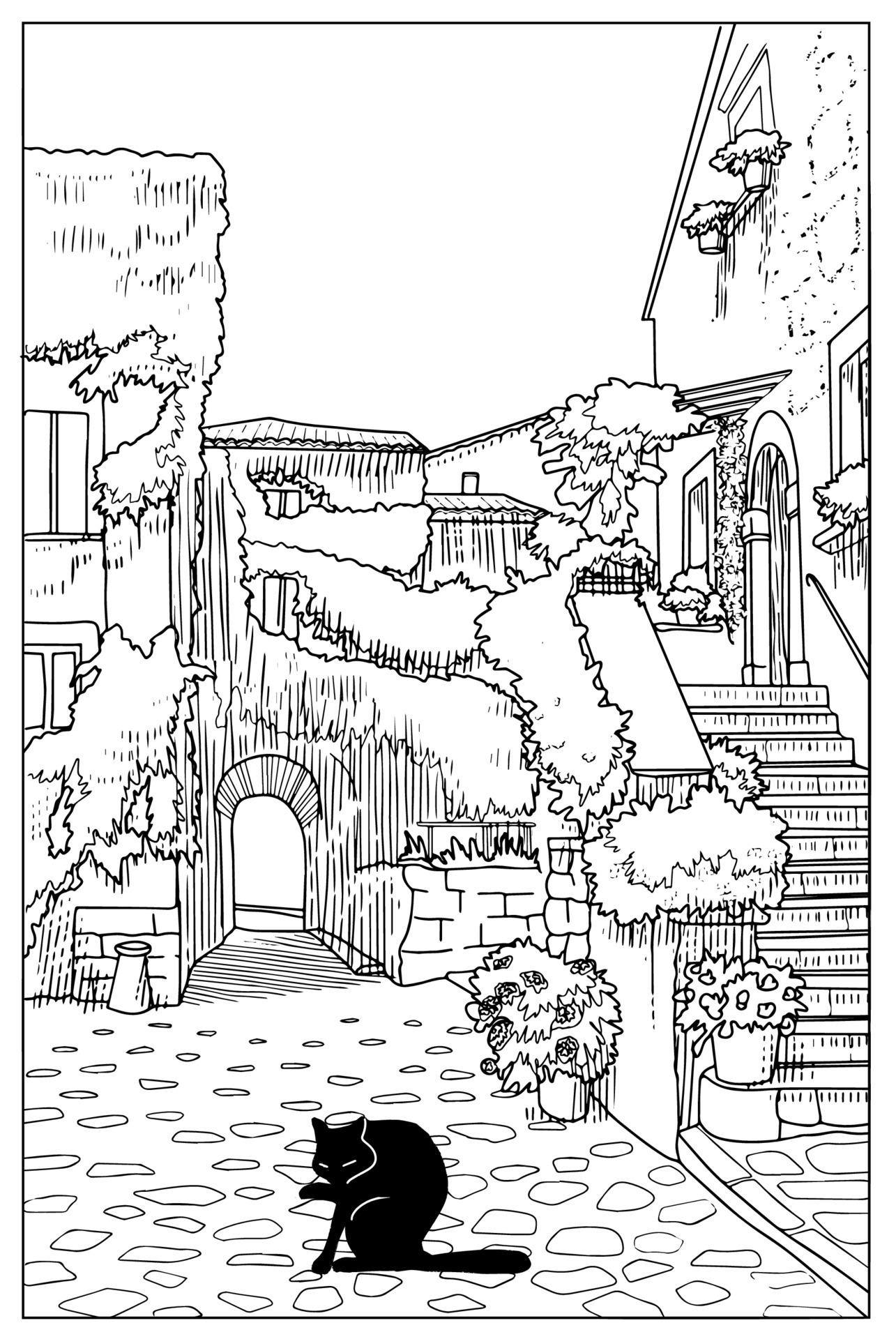 Coloring book . Lovely cozy old street with cat. Vector art line