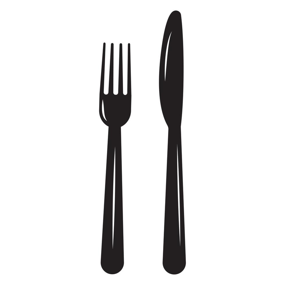 tenedor de cubiertos y cuchillo, ilustración vectorial aislada, icono de plantilla negra vector