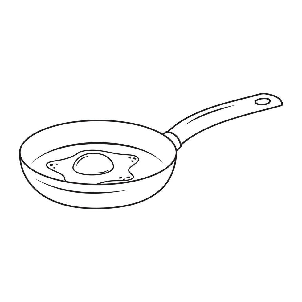 Fried egg in a frying pan, black outline, line, vector illustration