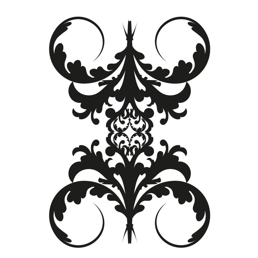 Remolino de ornamento de pergamino barroco vintage de damasco vectorial. remolino del escudo heráldico del monograma victoriano. retro floral patrón de hojas frontera follaje antiguo acanto caligrafía grabado tatuaje. patrones sin fisuras vector