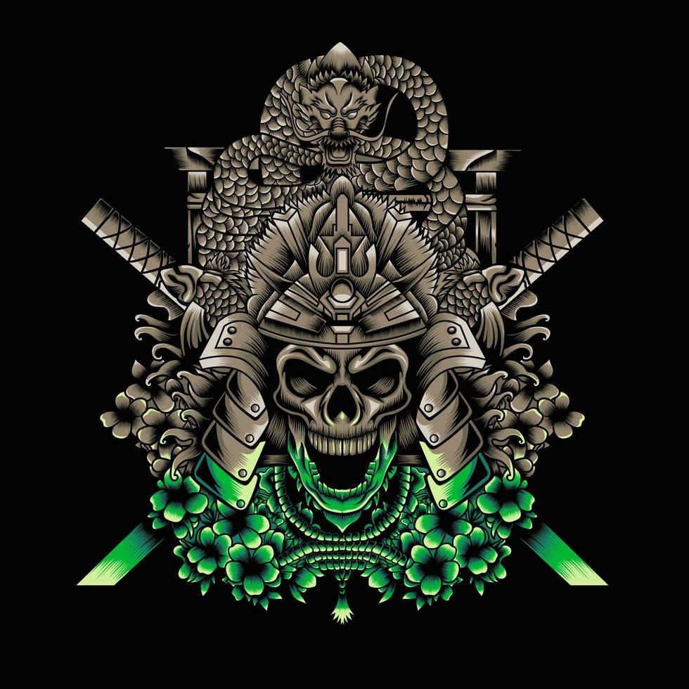 samurai skull with japanese dragon and katana illustration vector