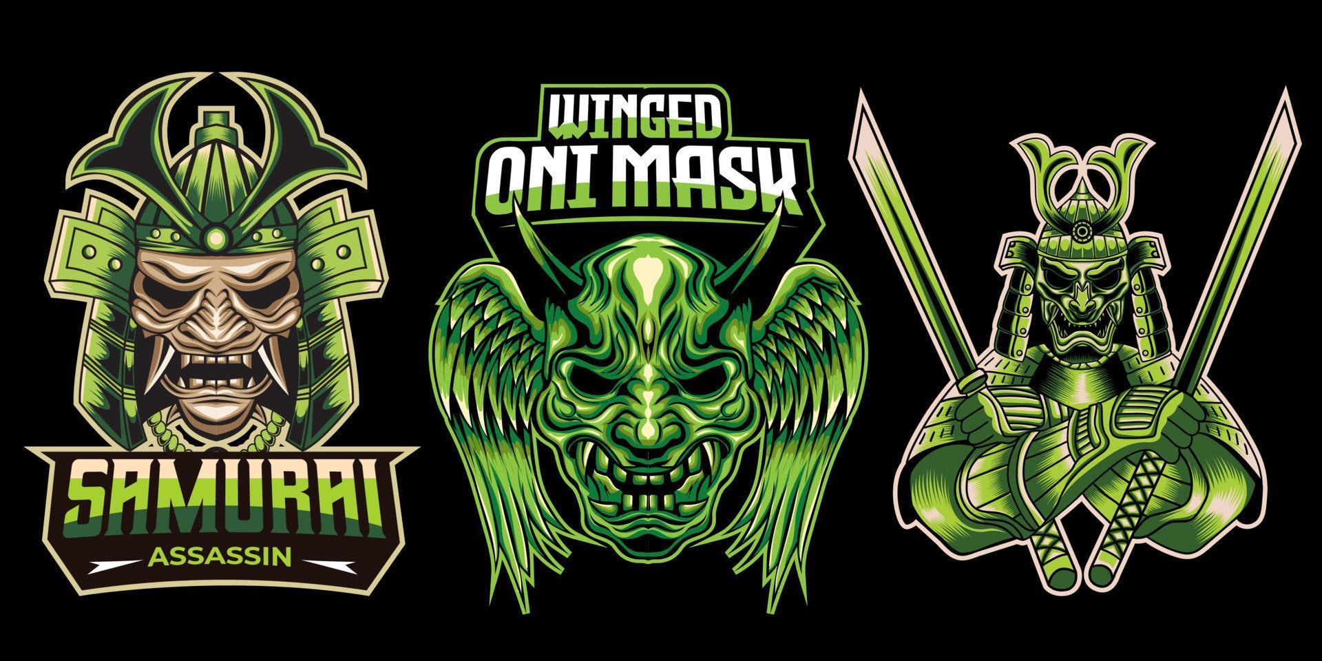 collection of samurai, oni mask, and bushido mascot logo vector