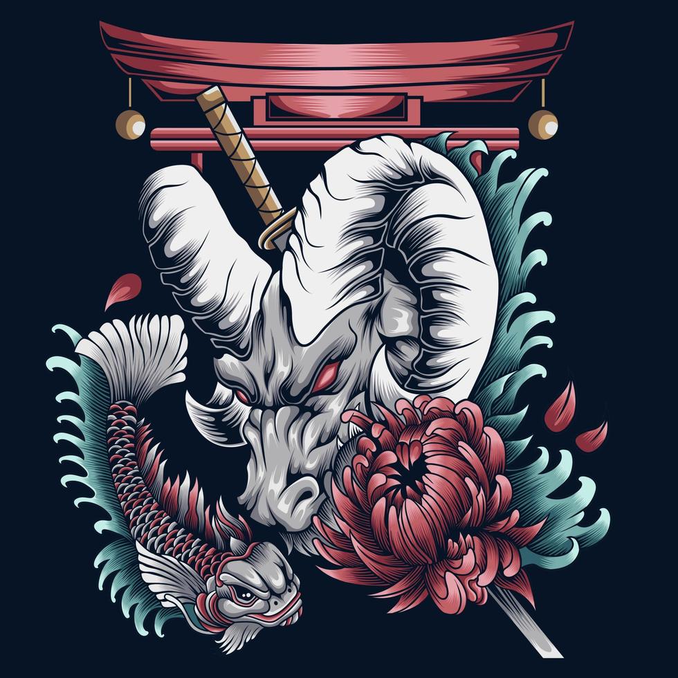 Goat and koi fish vector illustration