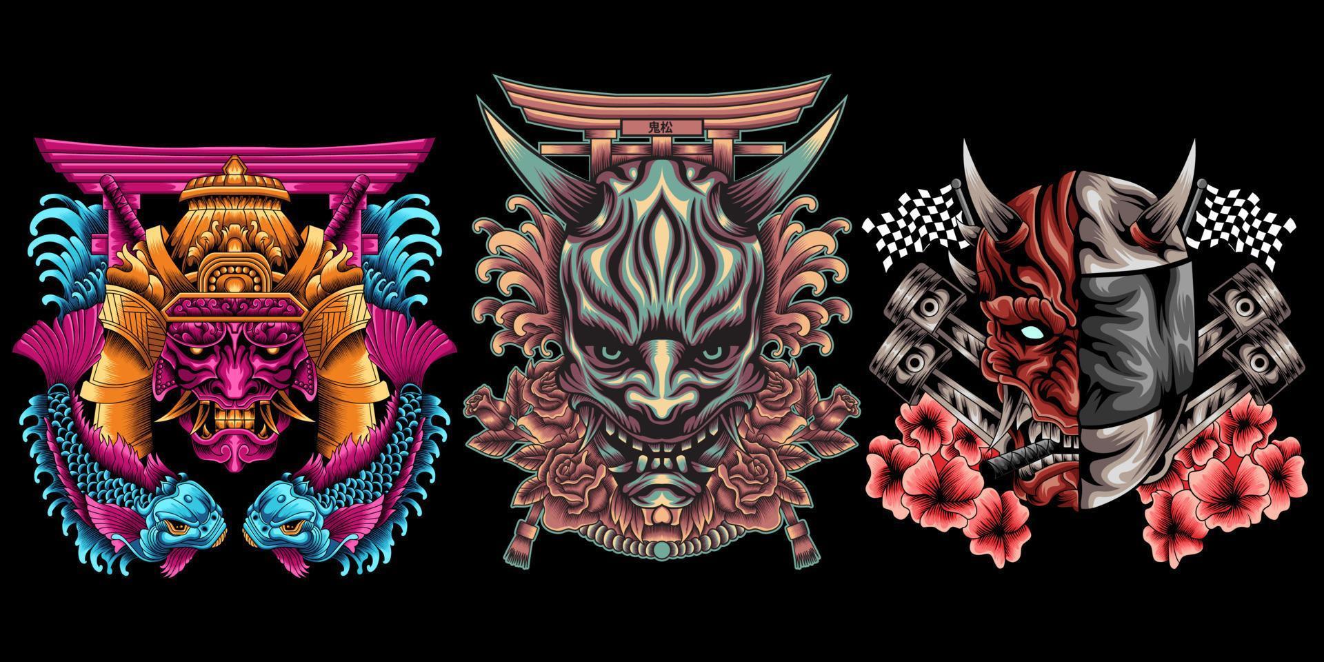 collection of oni mask and samurai illustration vector