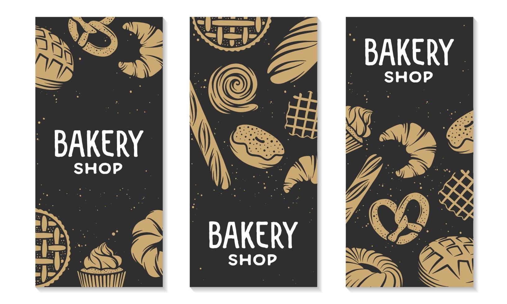 Set of vector bakery engraved elements. Typography design with bread, pastry, pie, buns, sweets, cupcake. Collection of modern linear graphic design vertical banner template. Bakery shop.
