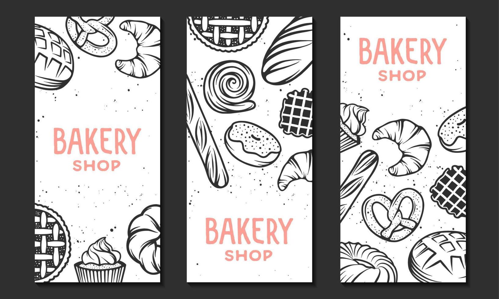 Set of vector bakery engraved elements. Typography design with bread, pastry, pie, buns, sweets, cupcake. Collection of modern linear graphic design vertical banner template. Bakery shop.