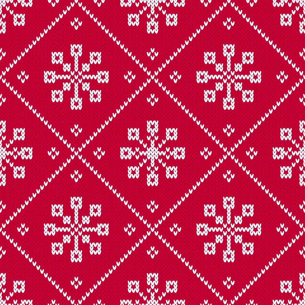Red and White Christmas sweater seamless diamond pattern with snowflakes. vector