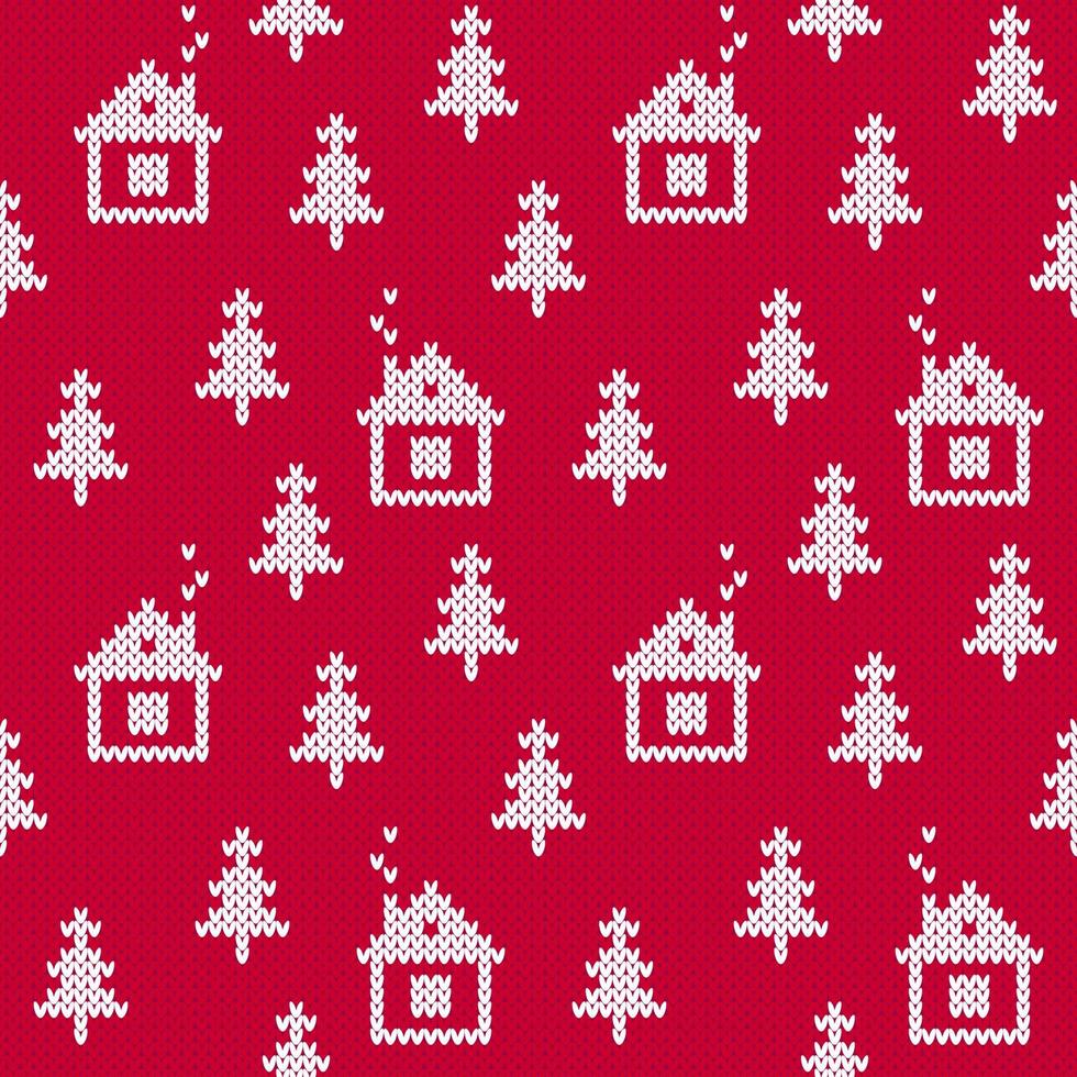 Christmas sweater winter cabins and Christmas trees white and red seamless pattern. vector