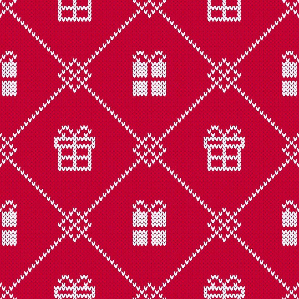 Red and white Christmas sweater with gift boxes seamless diamond pattern. vector