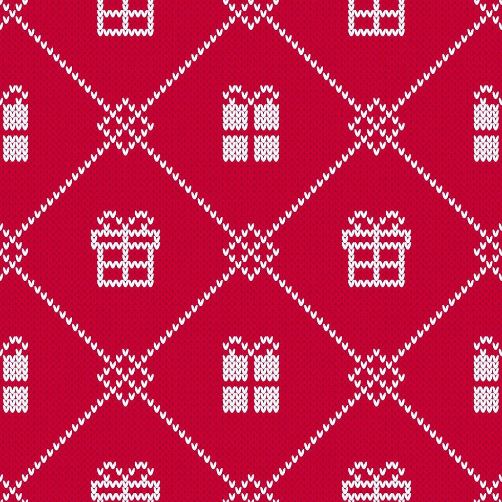 Red and white Christmas sweater with gift boxes seamless diamond pattern. vector