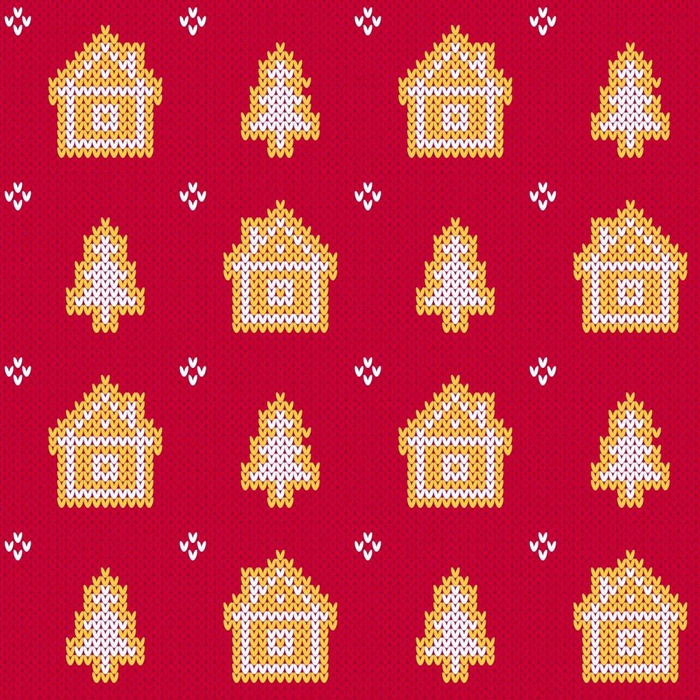 Christmas sweater winter cabins and christmas trees seamless pattern. vector