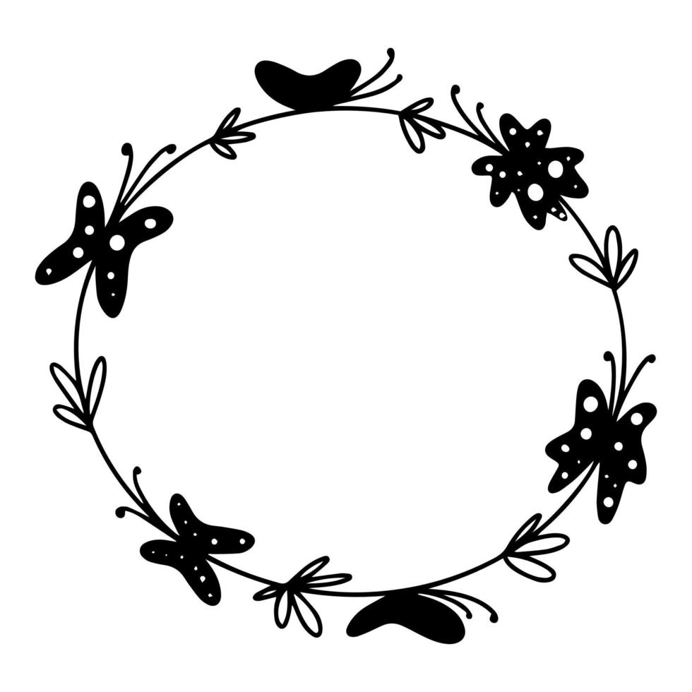 Hand drawn round frame with flowers and butterflies on a white background. vector