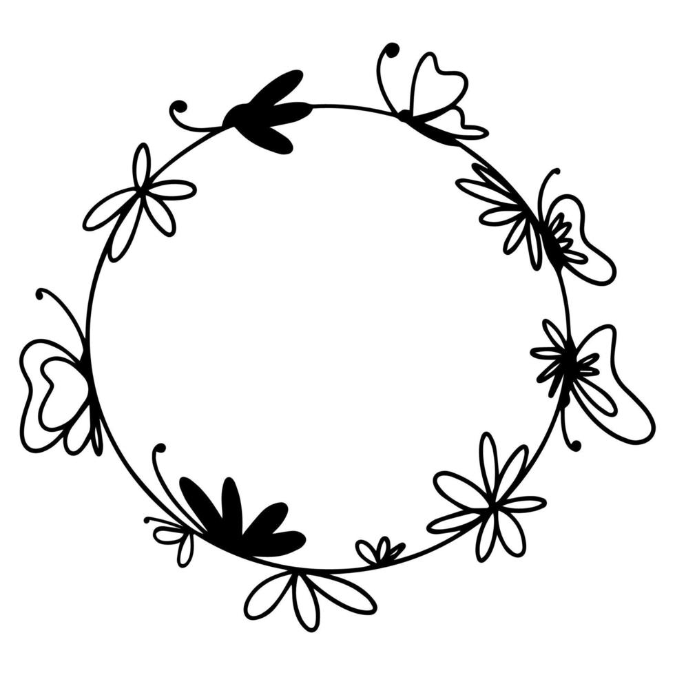 Hand drawn round frame with flowers and butterflies on a white background. vector