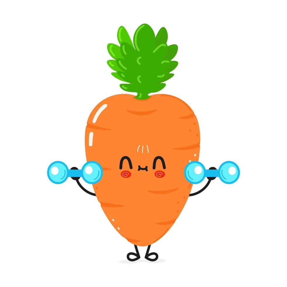 Cute funny carrot character with dumbbells. Vector hand drawn cartoon kawaii character illustration icon. Isolated on white background. Carrot character gym concept