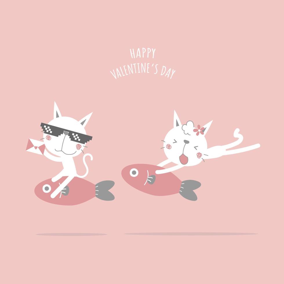 cute and lovely couple white cat with fish, happy valentine's day, love concept, flat vector illustration cartoon character costume design