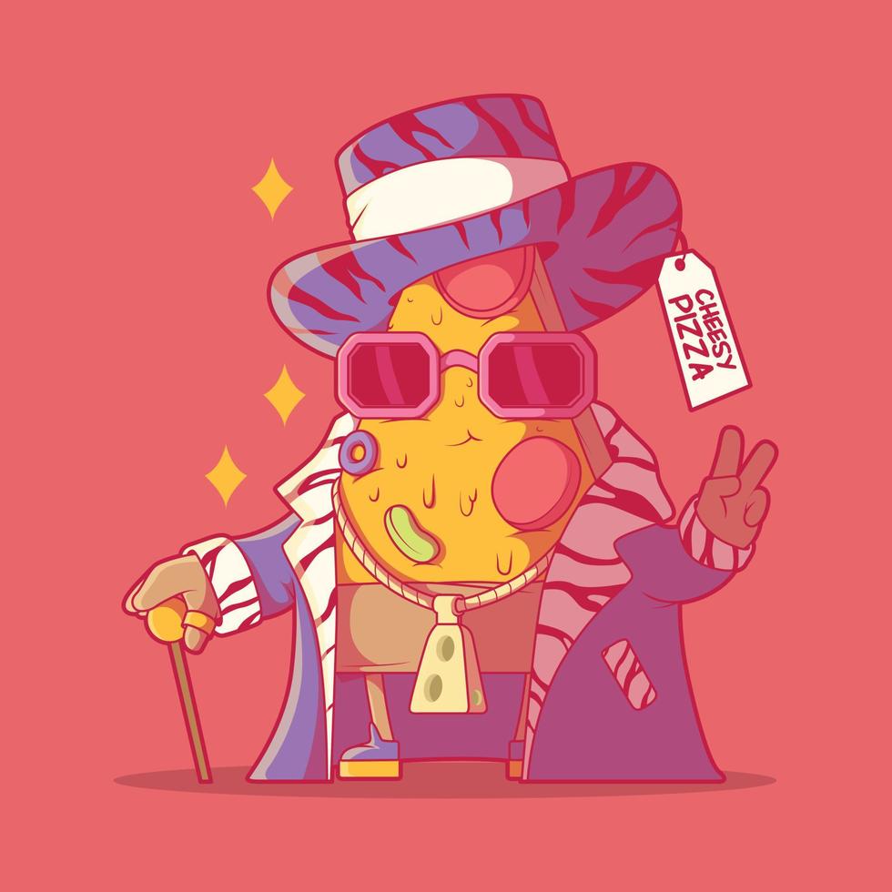 Ilustración de vector de personaje de rebanada de pizza elegante y funky. moda, comida rápida, concepto de diseño divertido.