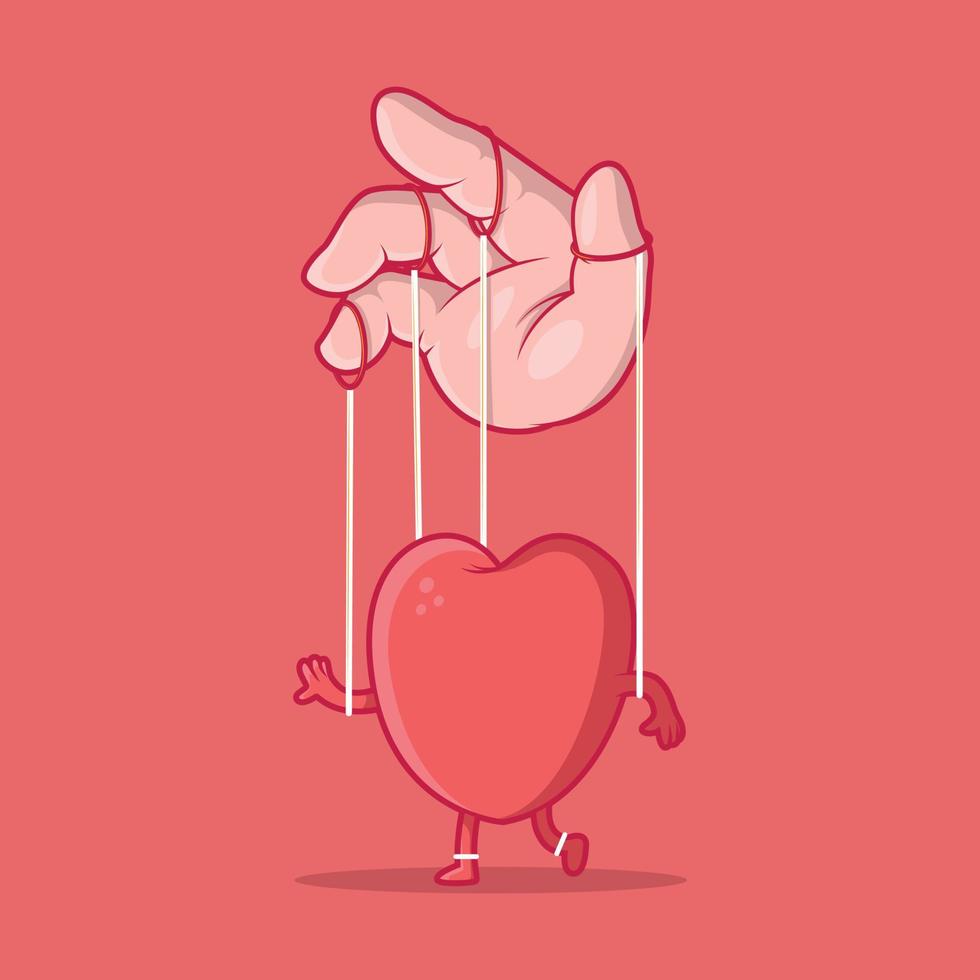 corazón controlado como una ilustración de vector de marioneta. amor, san valentín, concepto de diseño de angustia.