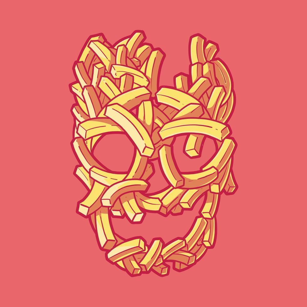 lindo papas fritas cráneo vector ilustración. comida rápida, horror, concepto de diseño divertido.