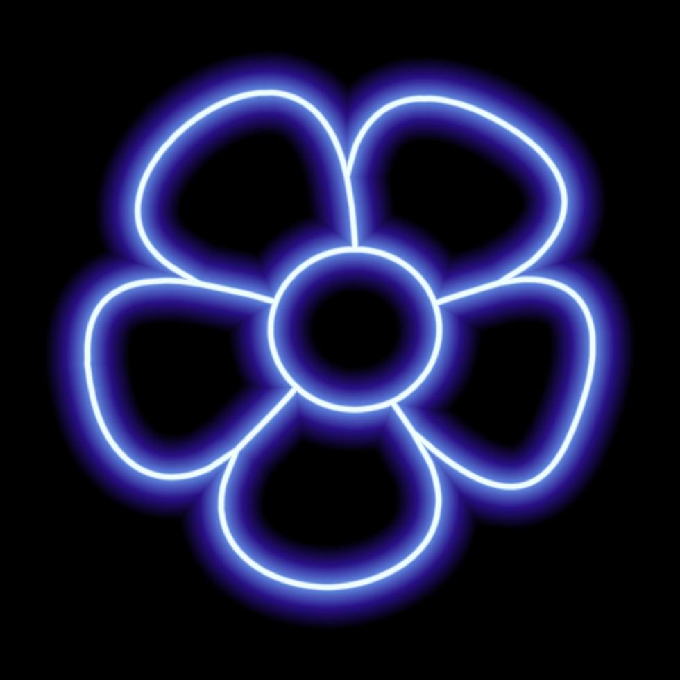 Neon blue flower with petals on a black background. Simple illustration vector