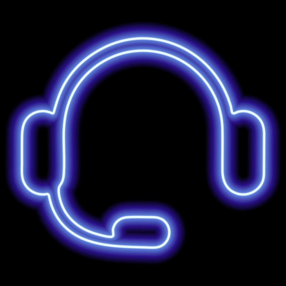 Blue headphones with a microphone. Neon outline on a black