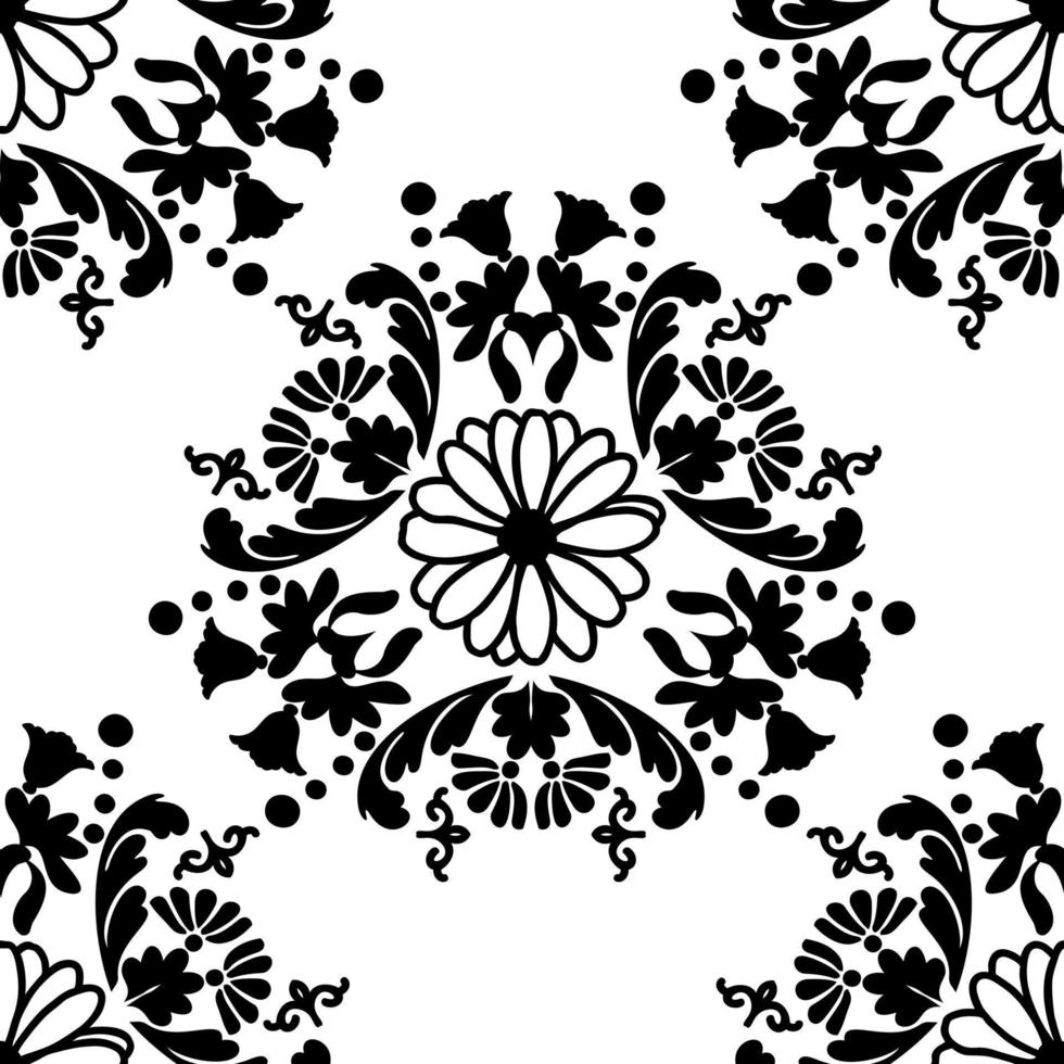 Black and white floral pattern. Vintage seamless wallpaper with a symmetrical pattern. Vector illustration.