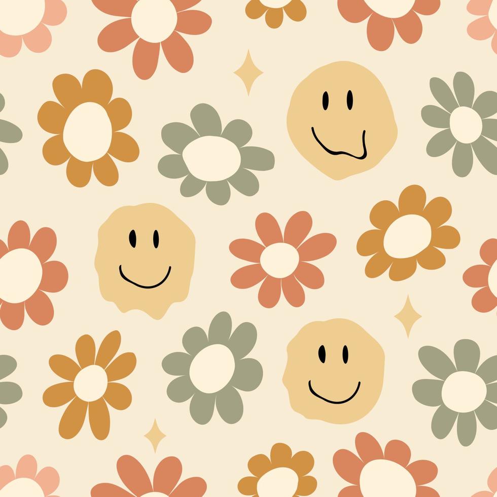 Groovy seamless pattern with flowers  and smiles on a light background. Muted vector wallpaper in warm tones in the style of the 70s. Retro fabric print, kids clothes, home textile