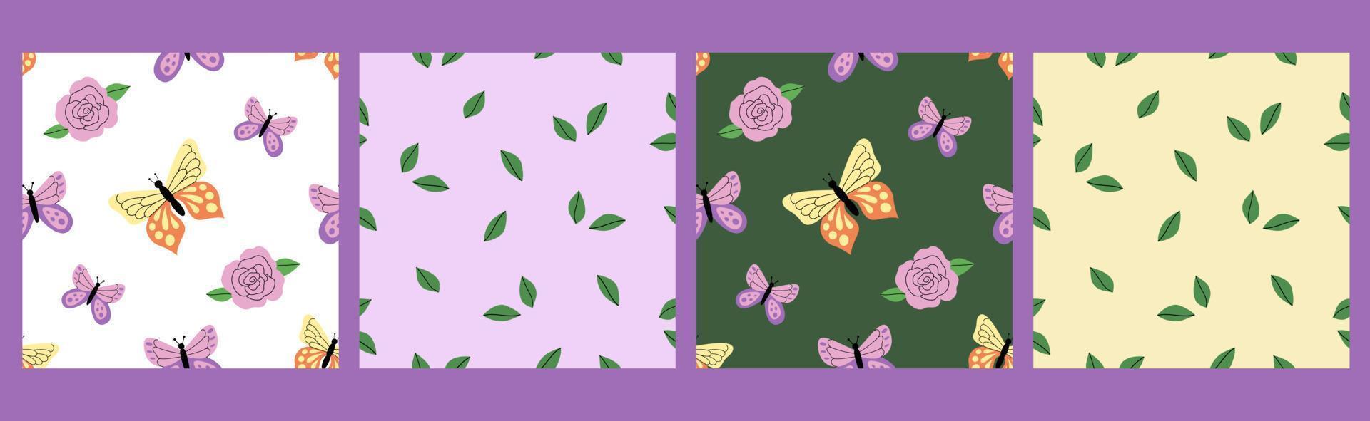 Set of seamless pattern with butterflies, roses and leaves. Romantic green, white, yellow and lilac vector patterns in hand-drawn flat style