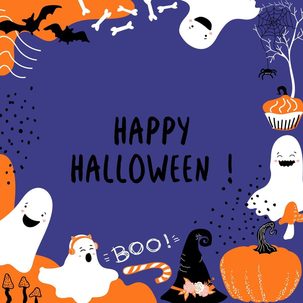 Happy Halloween border. Pumpkins, bats, spiders, cute ghosts. Doodle frame vector