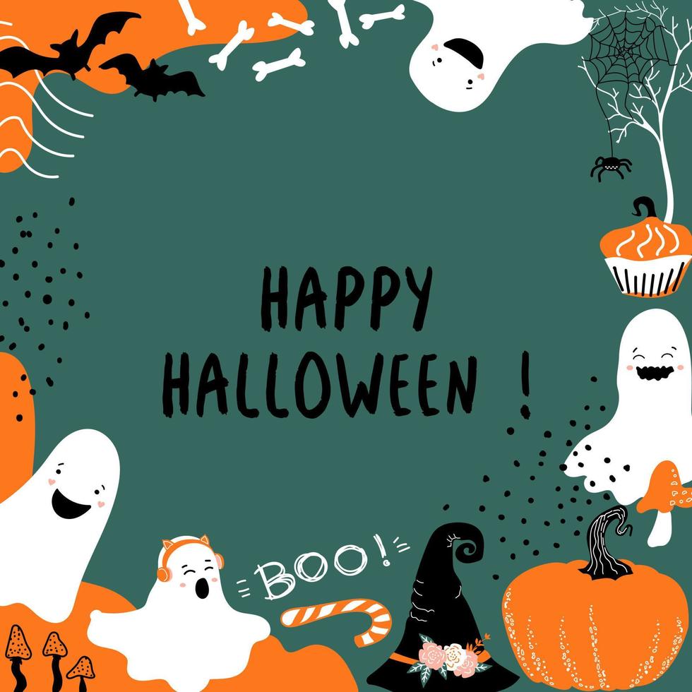 Happy Halloween frame. Pumpkins, bats, spiders, cute ghosts. Doodle border vector