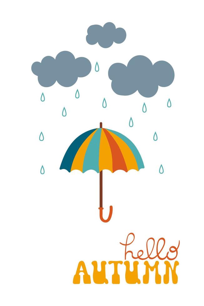 Illustration with umbrella, rain and inscription Hello autumn. vector