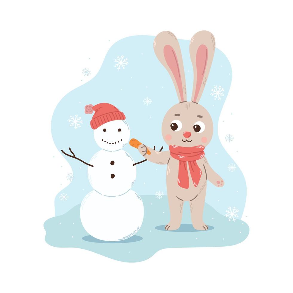 conejo de dibujos animados en una bufanda hecha un muñeco de nieve, sostiene una zanahoria en su pata. linda ilustración de vector de temporada de navidad en estilo de dibujos animados plana