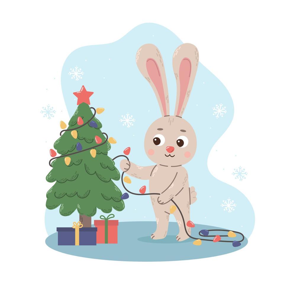 Cartoon rabbit decorates the Christmas tree with a garland. Cute christmas seasonal vector illustration in flat cartoon style