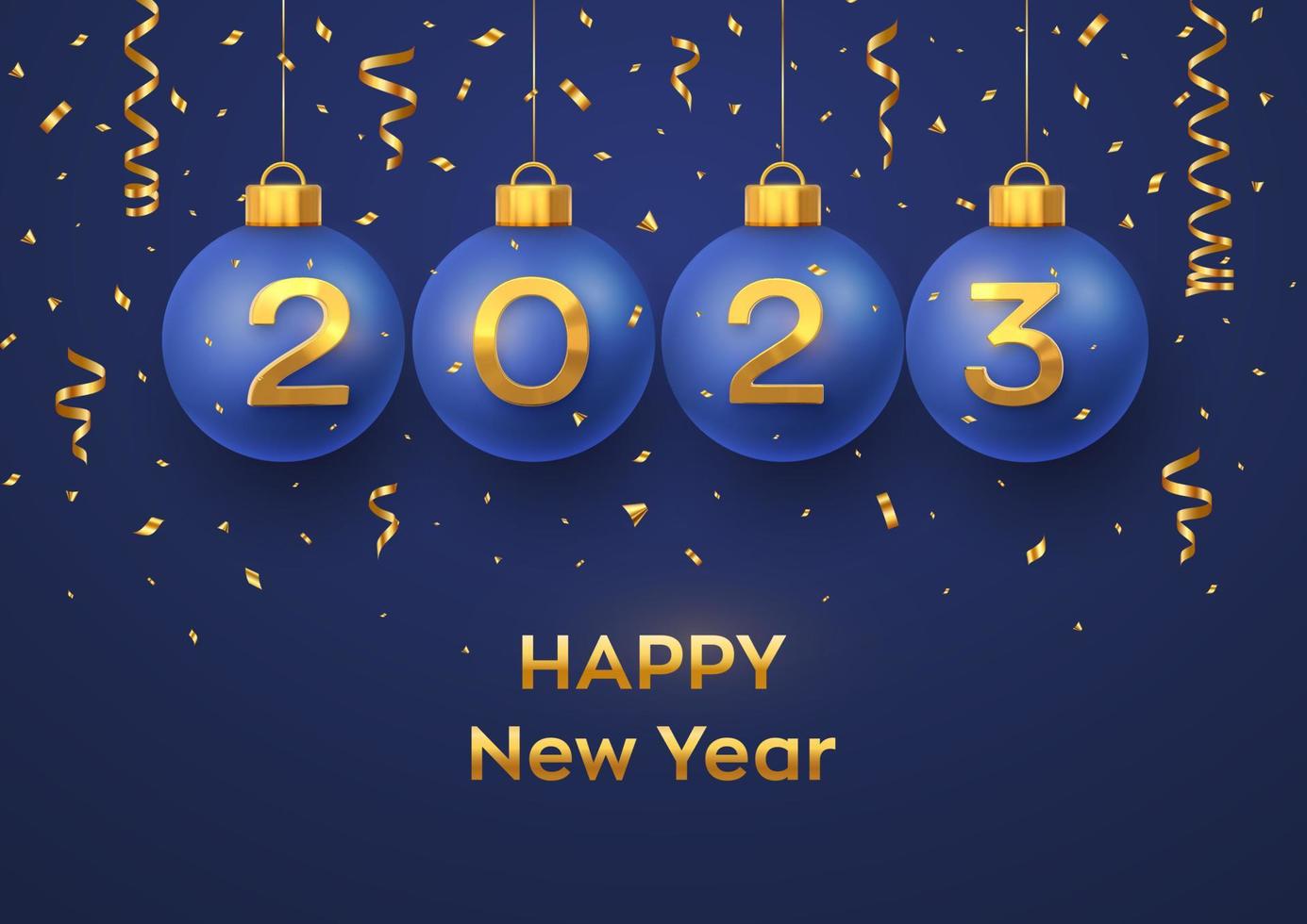 Happy New Year 2023. Hanging Blue Christmas bauble balls with realistic golden 3d numbers 2023 and glitter confetti. Greeting card. Holiday Xmas and New Year poster, banner, flyer. Vector Illustration