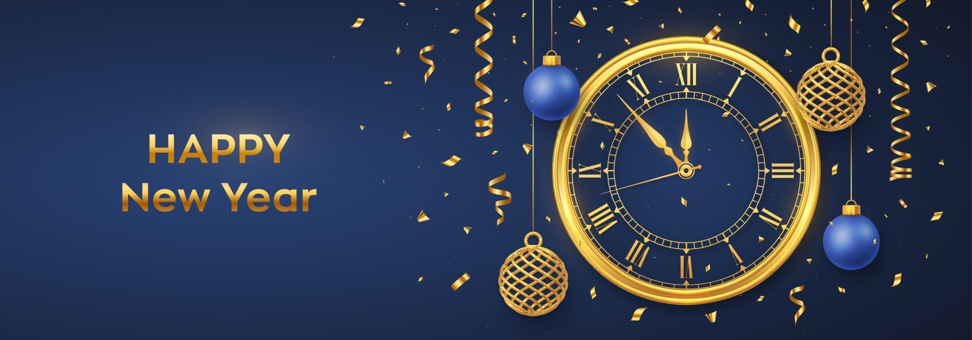 Happy New Year 2023. Golden shiny watch with Roman numeral and countdown midnight, eve for New Year. Background with shining gold and blue balls. Merry Christmas. Xmas holiday. Vector illustration.