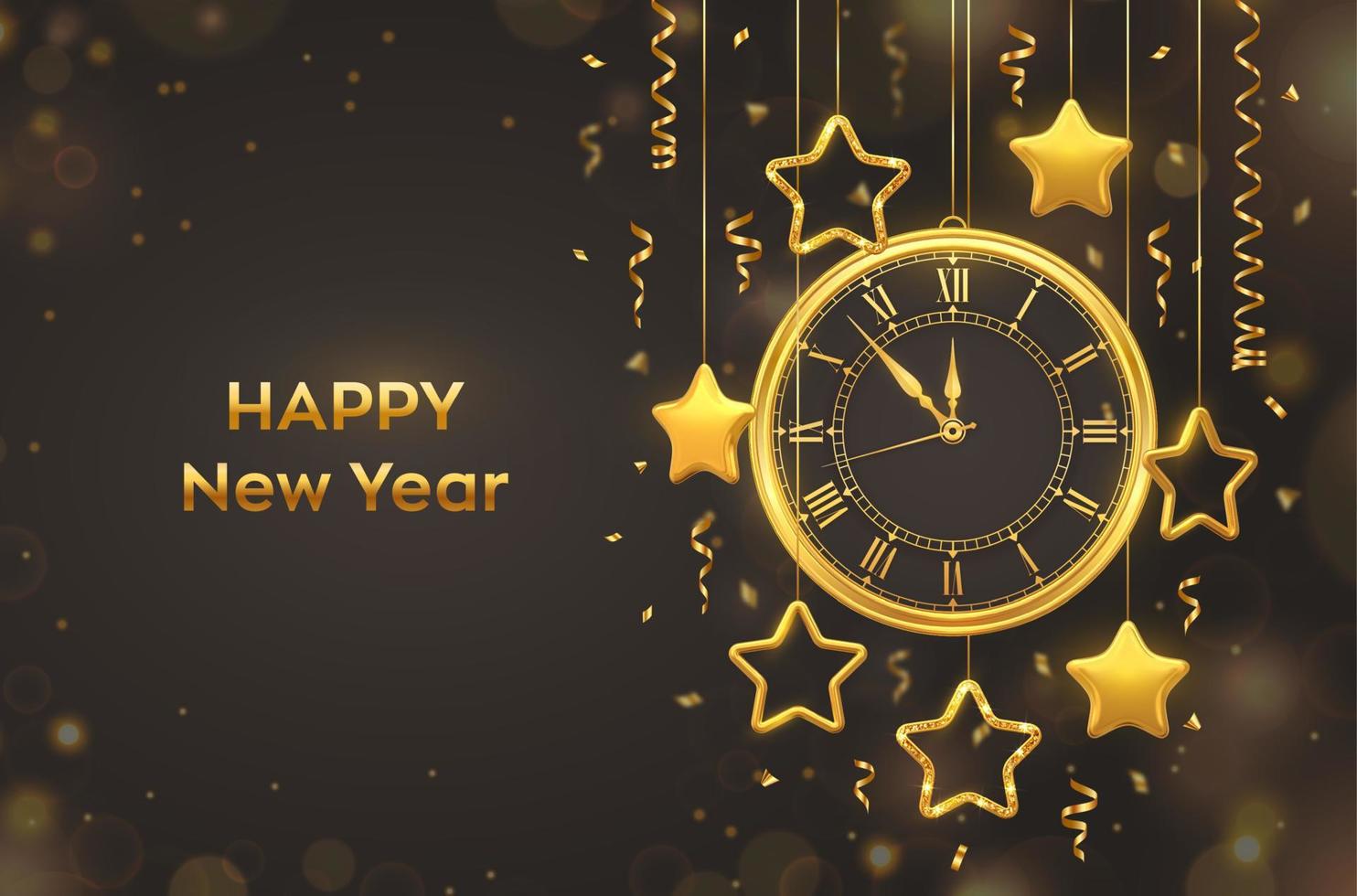 Happy New Year 2023. Golden shiny watch with Roman numeral and countdown midnight, eve for New Year. Background with shining gold stars. Merry Christmas. Xmas holiday. Vector illustration.