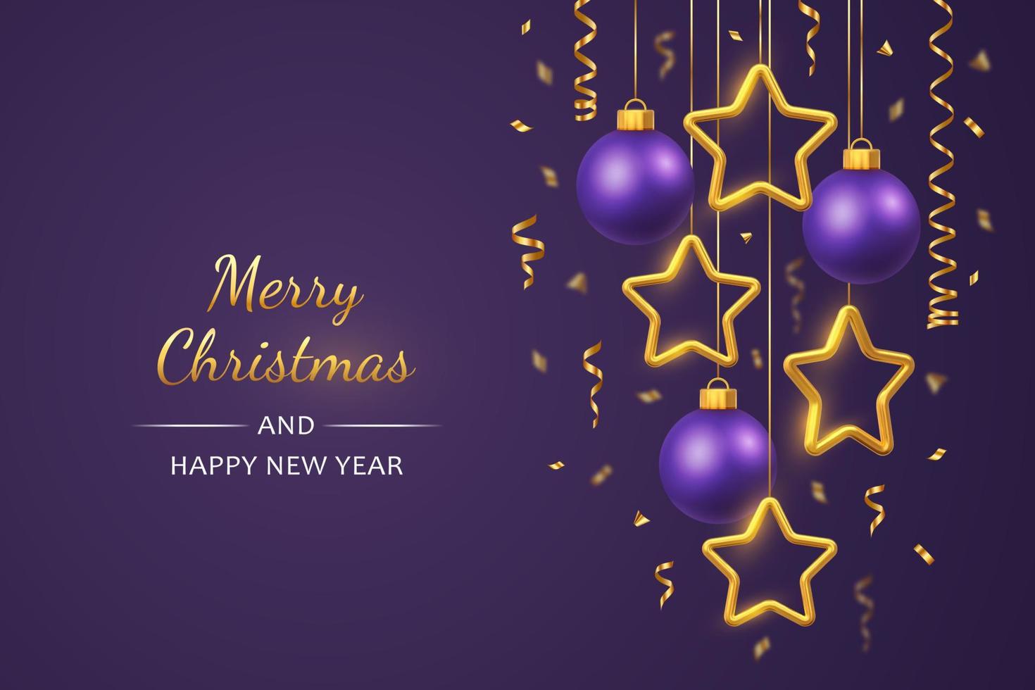 Shimmering hanging golden stars and balls with confetti on purple background. Glowing Christmas greeting card with copyspace. New Year poster, cover or banner template. Holiday decoration. Vector. vector