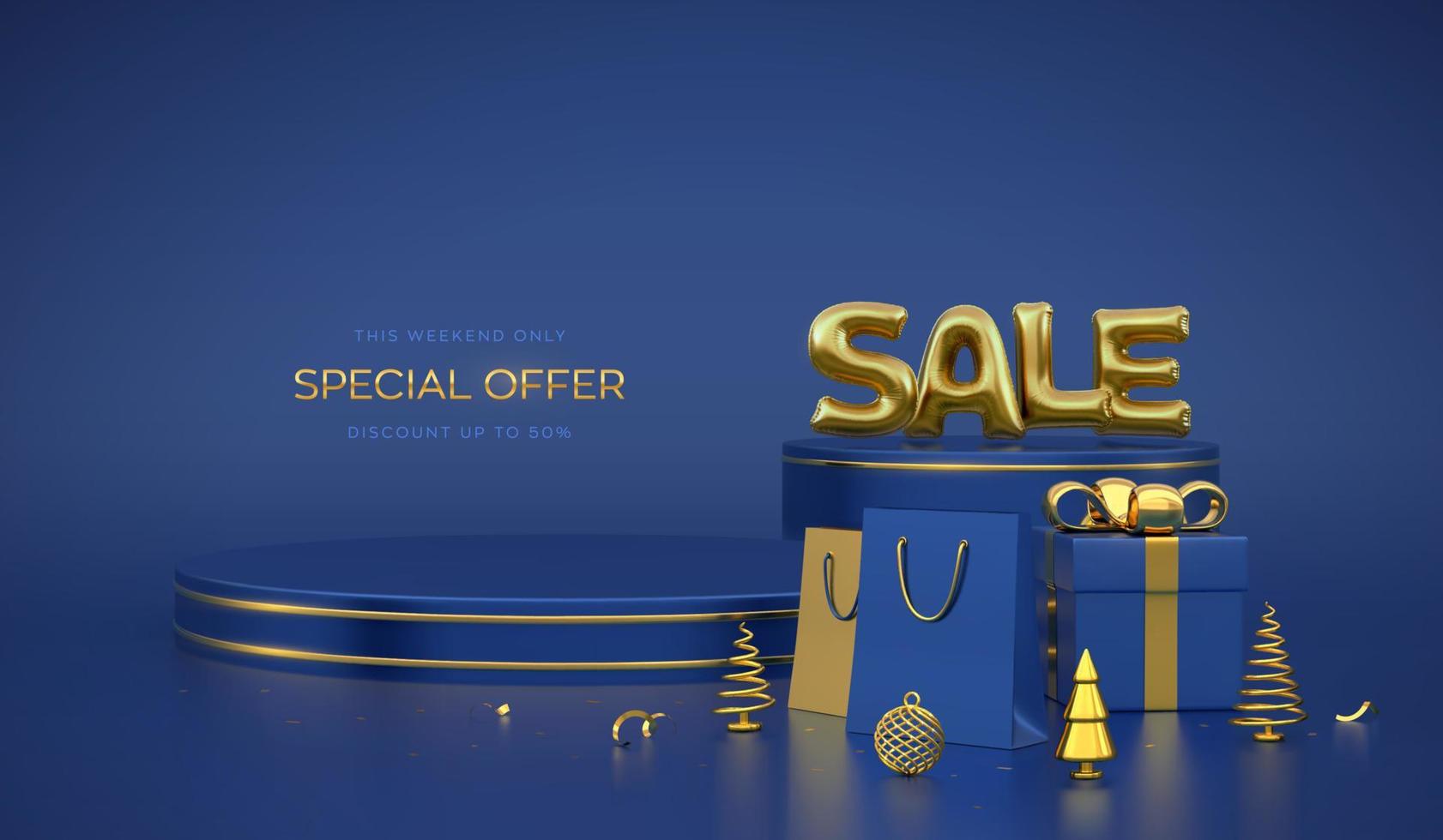SALE banner. Scene and 3D round platforms on blue background. Golden Sale balloon word. Pedestal with gift box with gold bow and shopping bags, metallic pine, cone spruce trees. Vector illustration.