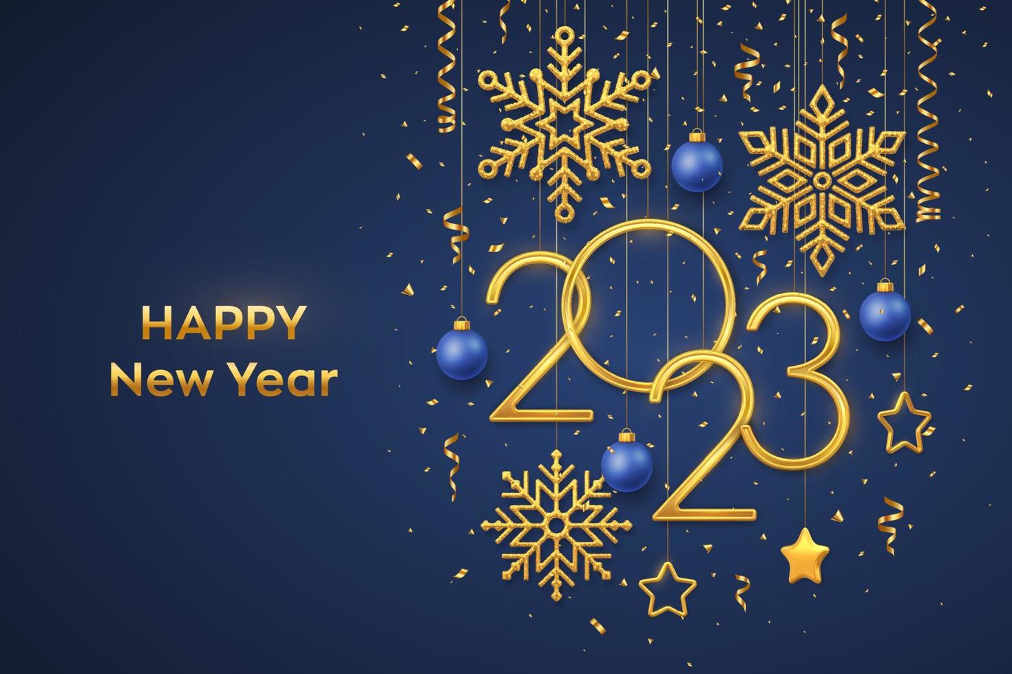 Happy New 2023 Year. Hanging Golden metallic numbers 2023 with shining 3D metallic stars, balls and confetti on blue background. New Year greeting card, banner template. Realistic Vector illustration.