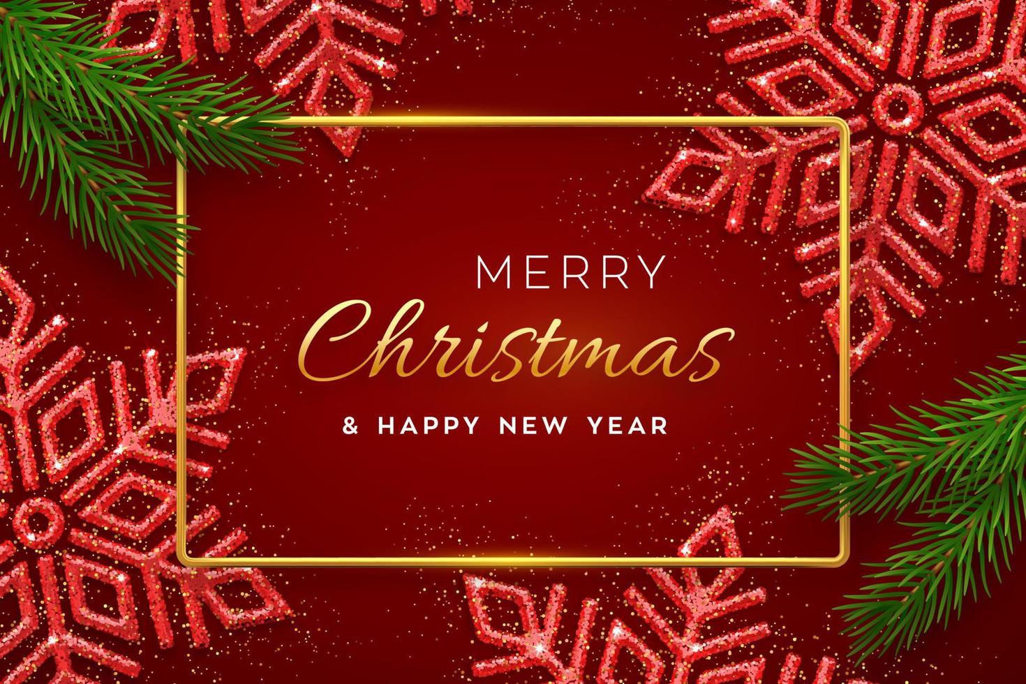 Christmas red background with shining snowflakes and pine branches. Merry christmas greeting card. Holiday Xmas and New Year poster, web banner. Vector Illustration.