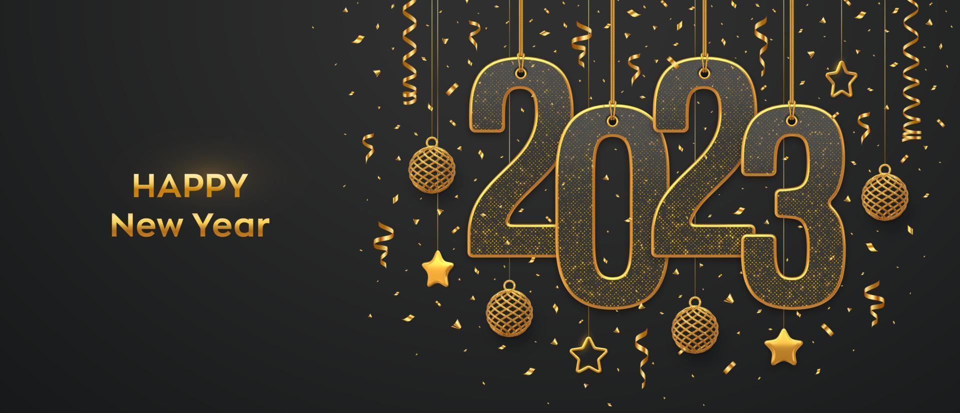 feliz año nuevo 2023. colgando de cuerdas doradas números 2023 con brillantes estrellas metálicas 3d, bolas y confeti sobre fondo negro. tarjeta de felicitación de año nuevo, plantilla de banner. ilustración vectorial realista. vector