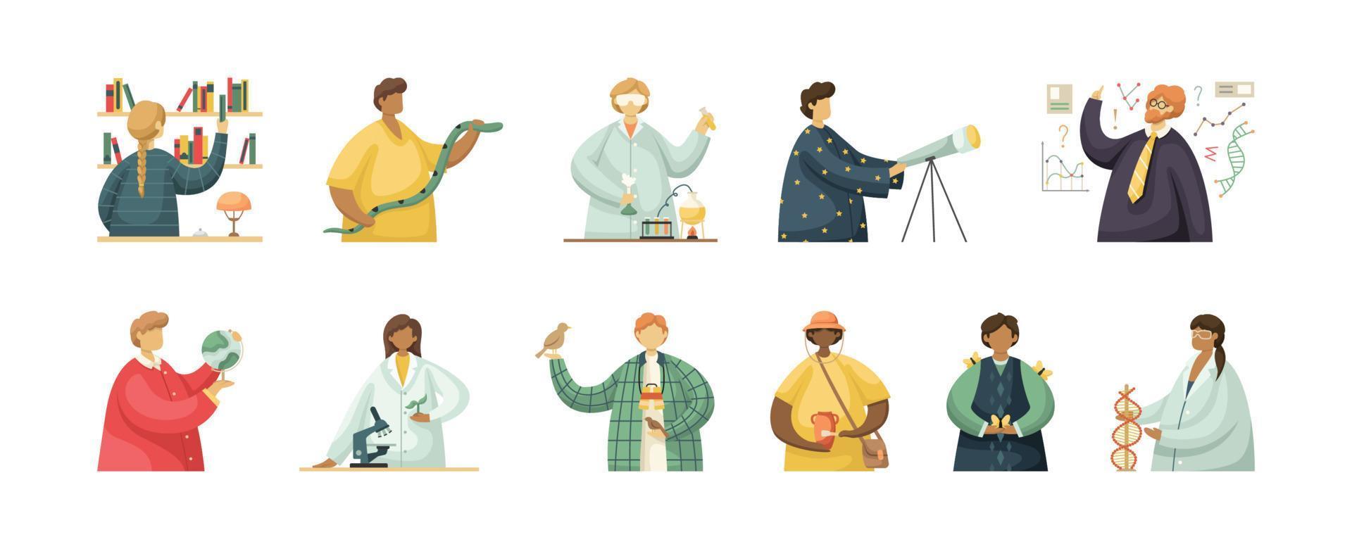 conjunto vectorial de ilustraciones de trabajadores profesionales en el campo científico. estilo plano vector
