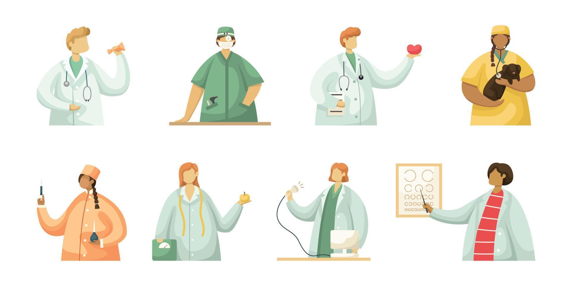 conjunto vectorial de ilustraciones de trabajadores médicos profesionales. estilo plano vector