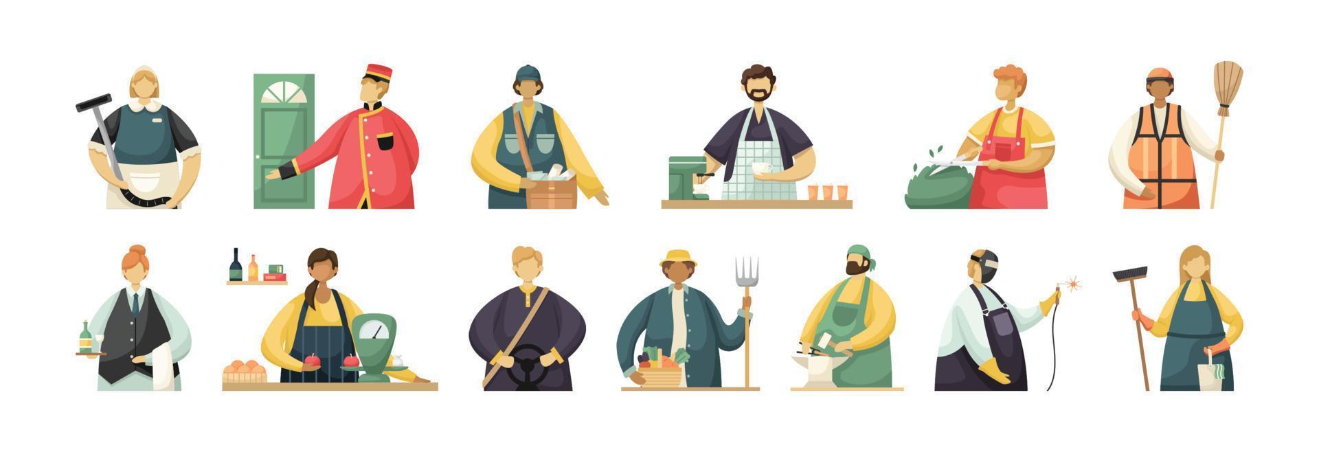 conjunto vectorial de ilustraciones de trabajadores y artesanos de servicios profesionales. estilo plano vector