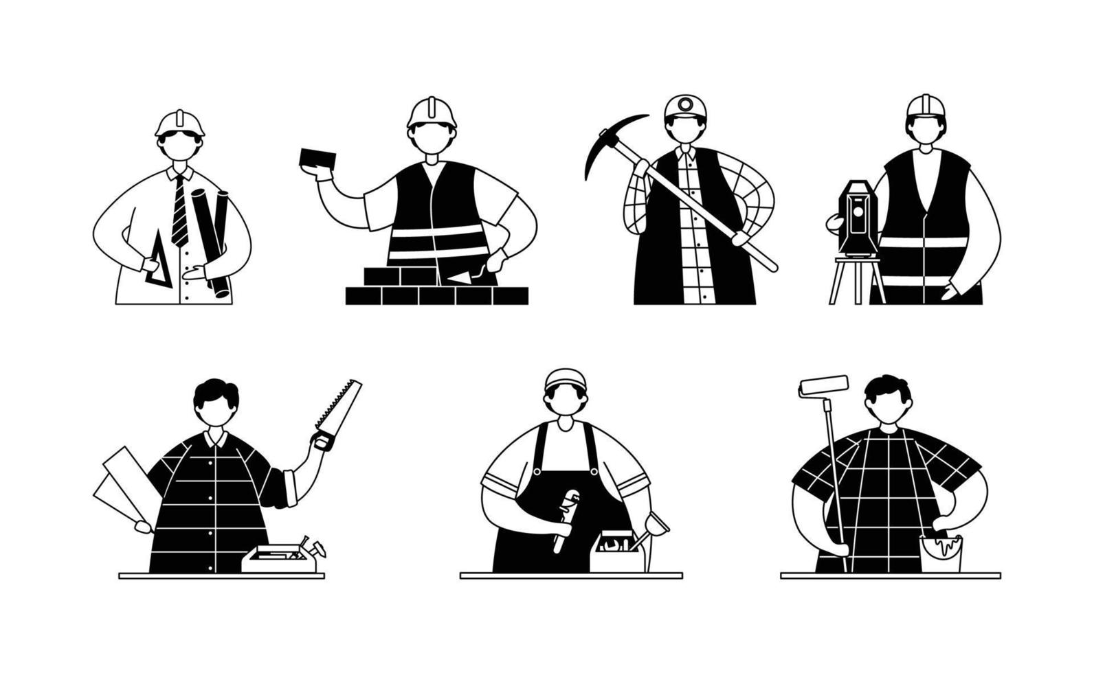 Vector set of illustrations of professional workers in the engineering field. Line art