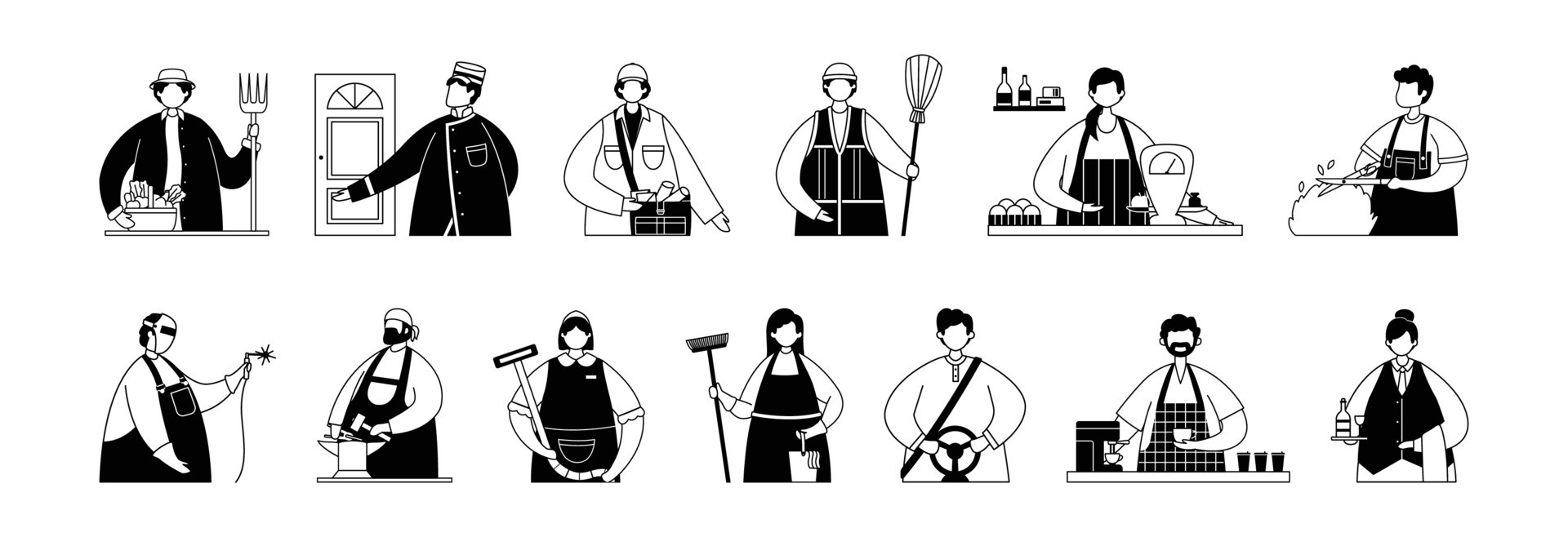 Vector set of illustrations of professional service workers and