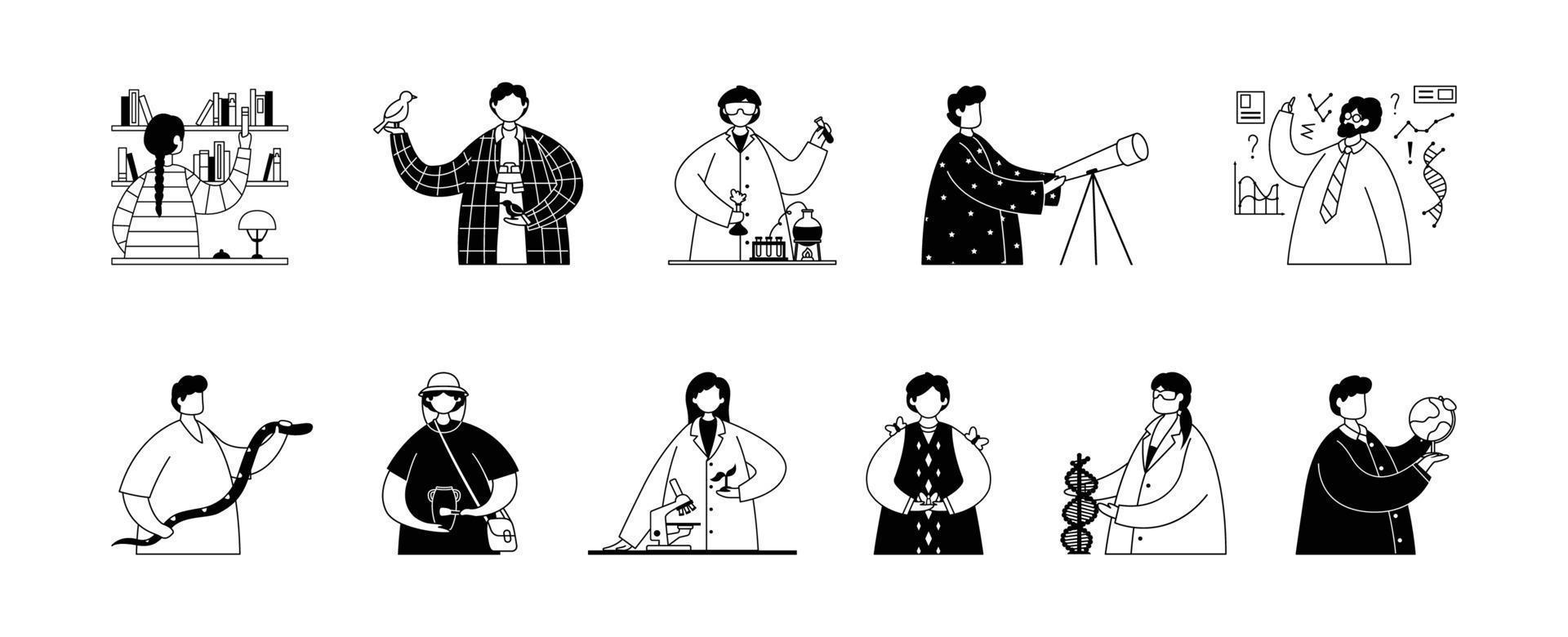 Vector set of illustrations of professional workers in the scientific field. Line art