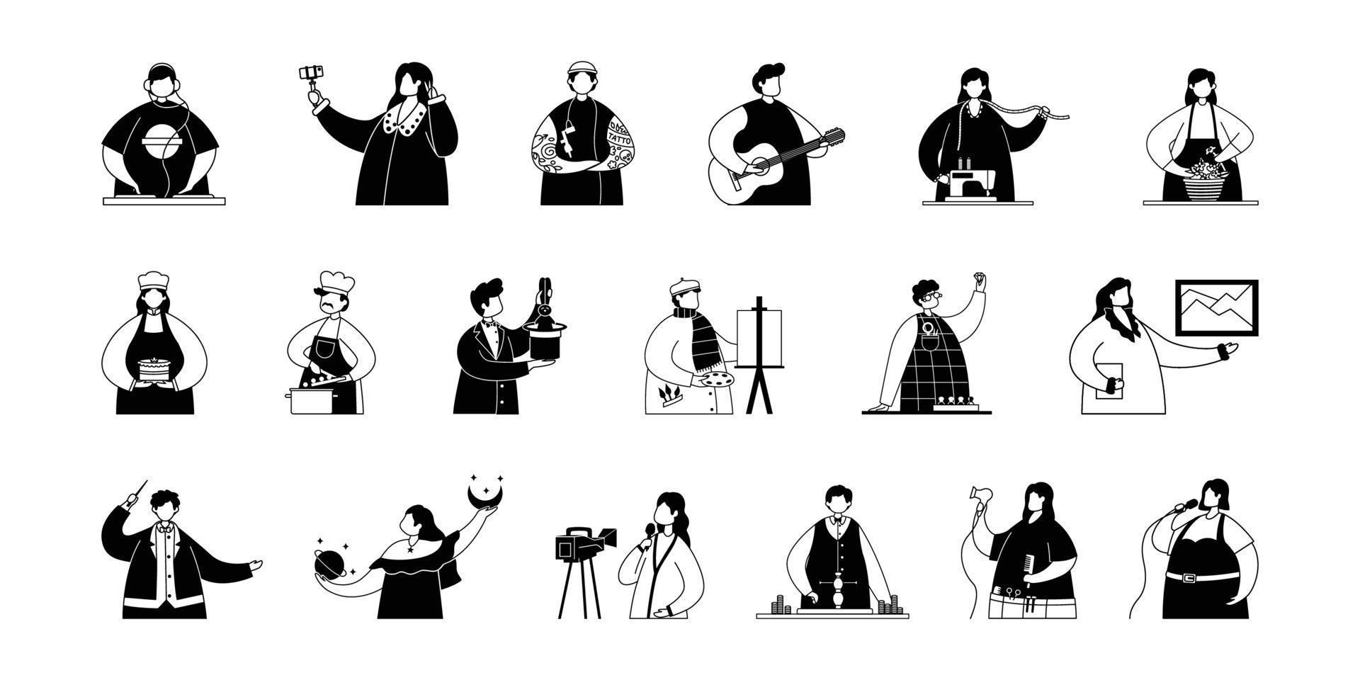 Vector set of illustrations of professional creative workers. Line art